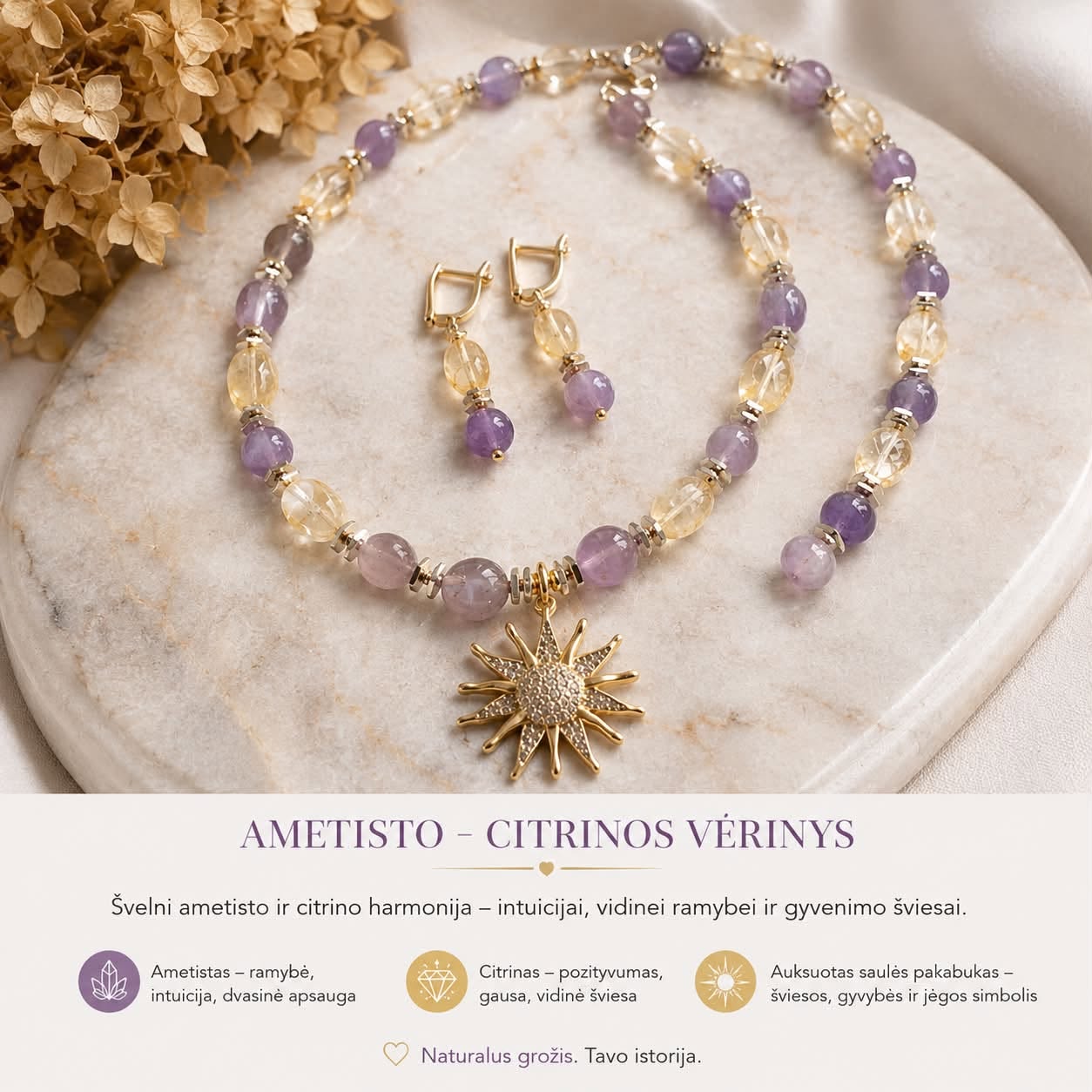 Ametisto ir citrino vėrinys su derančiais auskarais Anik nuotraukoje